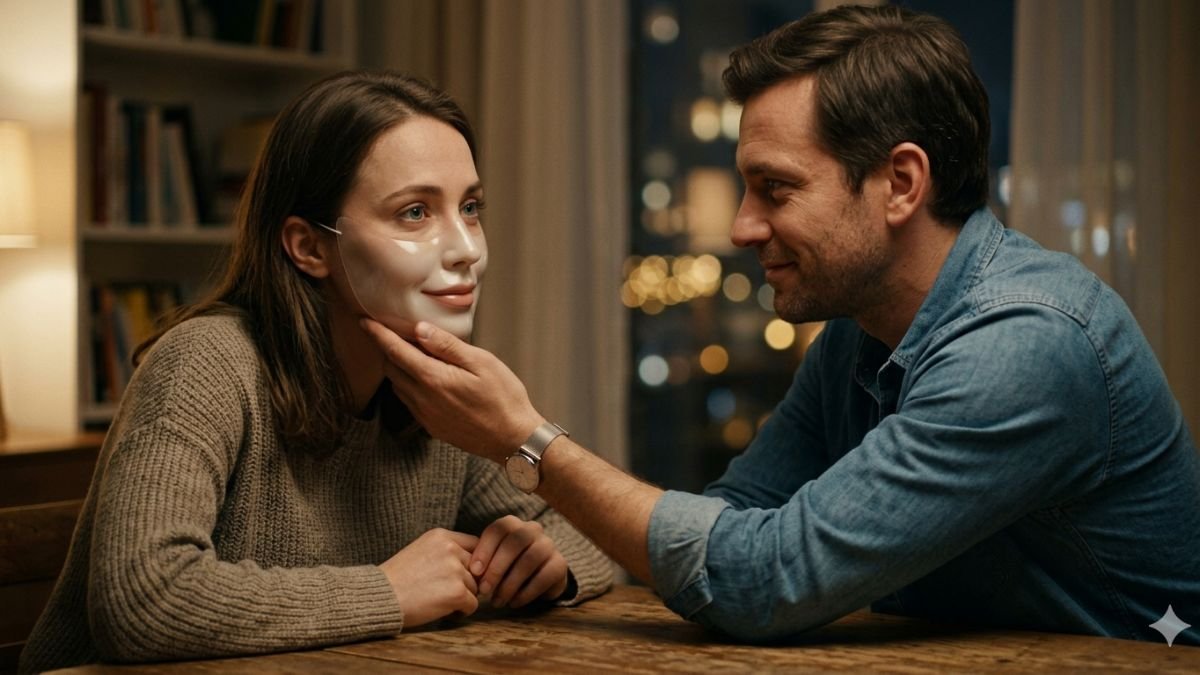 A realistic emotional scene showing two people sitting together, one smiling politely while wearing a subtle “mask” symbolizing being nice, and the other person gently seeing through it, creating a moment of deep understanding. Soft warm lighting, intimate atmosphere, focus on facial expressions and eye contact, background slightly blurred, symbolic contrast between surface-level kindness and true emotional connection, cinematic style, high detail, 4K resolution, depth of field, emotional storytelling, modern setting.